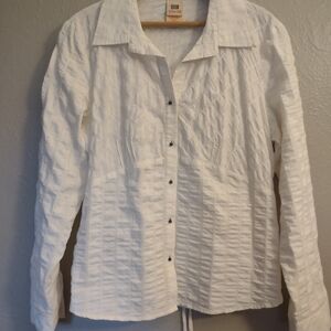 Faded Glory Stretch White/Gold Ruched Pinstripe Button-Up Tie Back